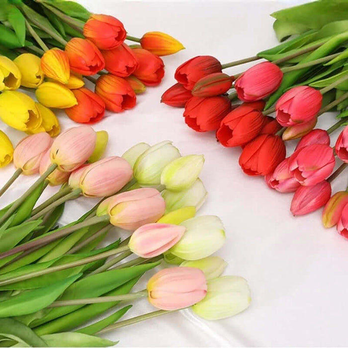 Colorful soft silicone artificial tulip bouquet in vibrant shades, perfect for home decor and special occasions.