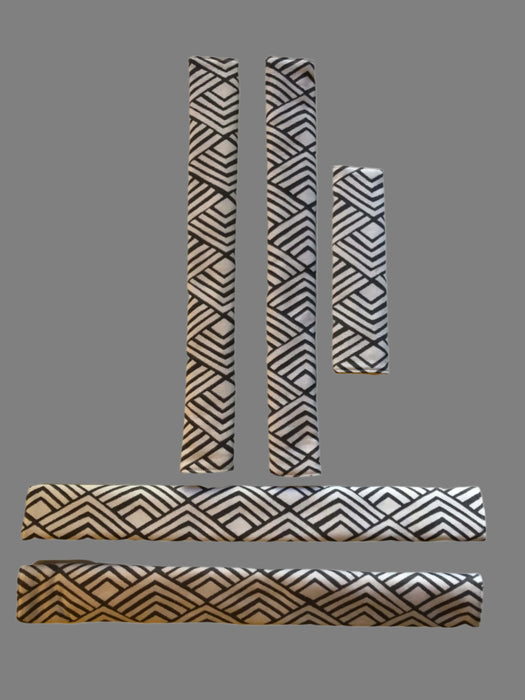 Grey Geometric to Yellow Reversible Appliance Handle Covers, set of 5, adding style and protection to kitchen appliances.