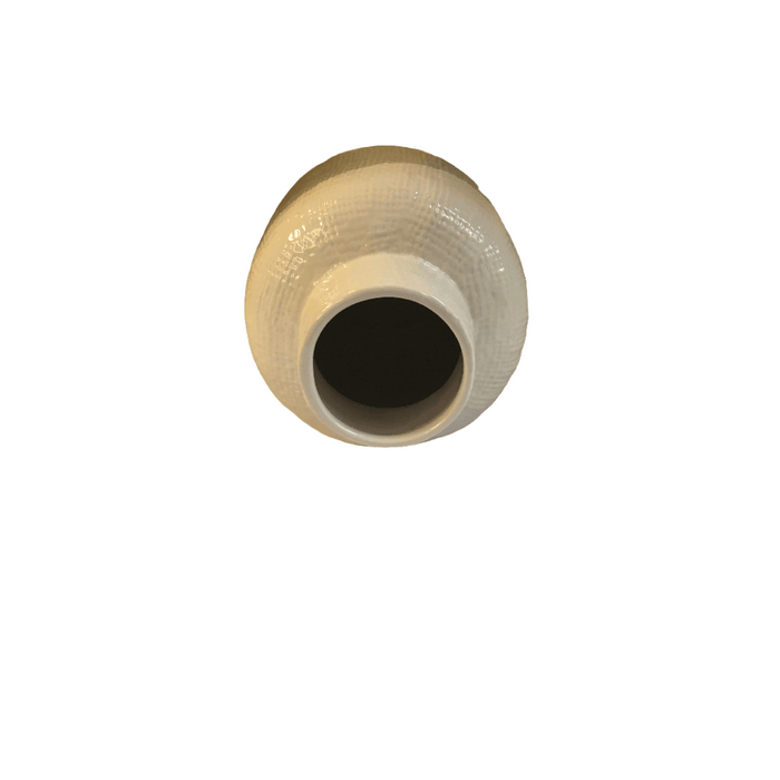 Grey yellow and white ceramic vase - cylindrical shape, top view showcasing its unique design and ceramic texture.