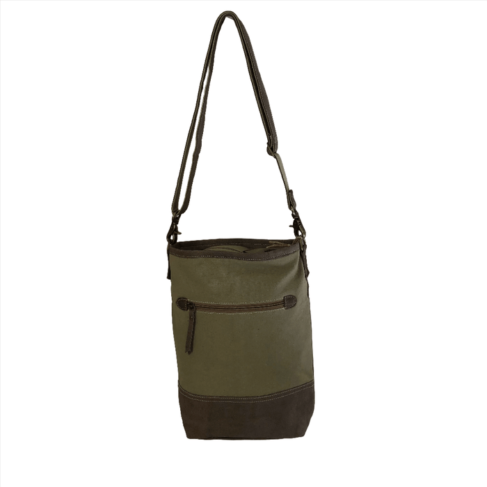 Upcycled canvas and leather crossbody bag in olive green, featuring an adjustable strap and a back zippered pocket.
