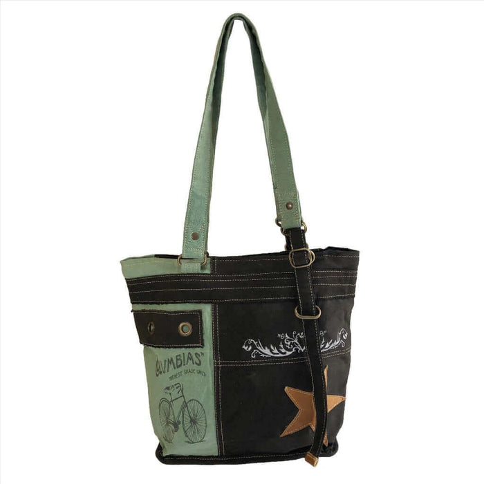Upcycled canvas shoulder bag grey with aqua featuring a rustic design and leather star accents.