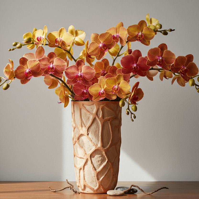 Real-touch artificial flowers in a clear vase with a silver bowl on a countertop.