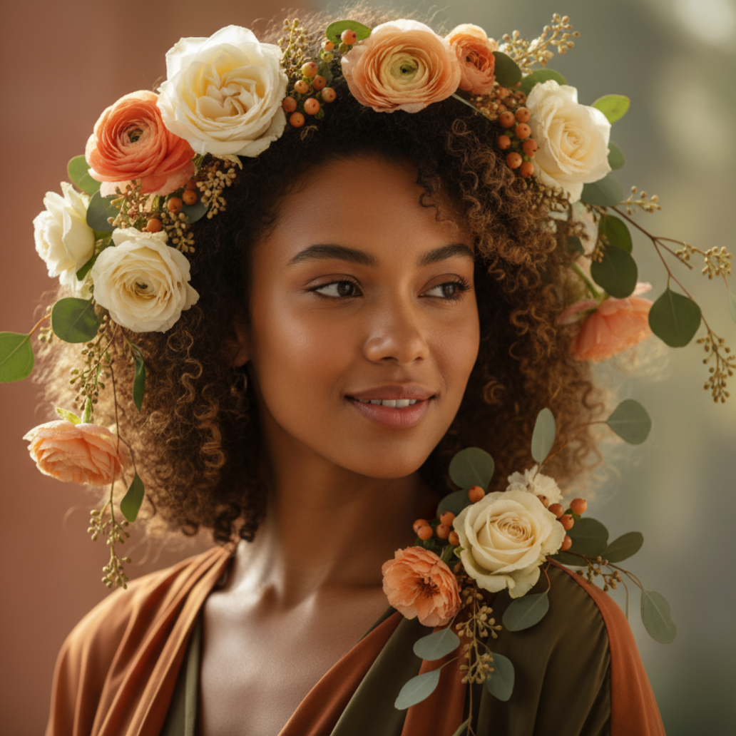 New arrivals of all products featuring a woman with a floral crown of artificial flowers, embodying elegance and style.