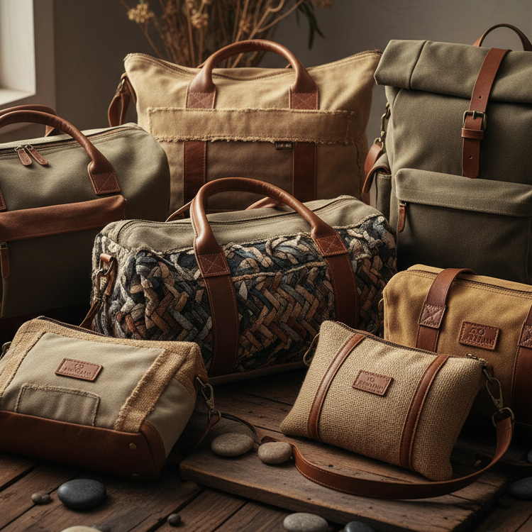 Upcycled rustic canvas and leather bags featuring a handmade leather pouch attached to a belt.