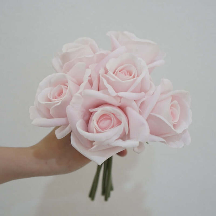 Artificial latex snow mountain rose bouquet in soft pink, perfect for decorations and allergen-free events.