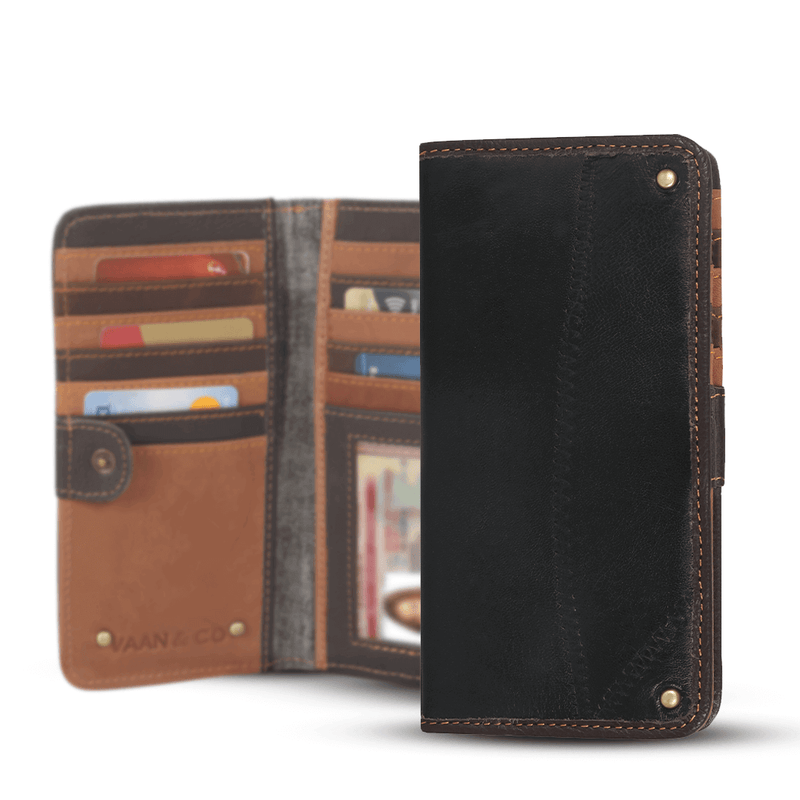 Bifold wallet grey and black leather and canvas open, featuring card slots and ID window by Vaan and Co.