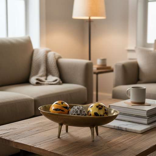 Decorative bowl with three spherical objects on a plain background