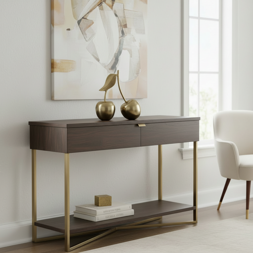 Decorative gold cherries on a white surface with a neutral background