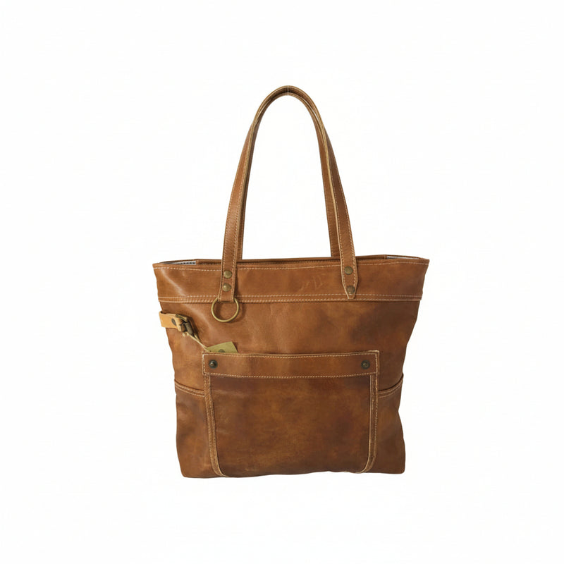Brown leather shoulder tote bag with pockets and elegant design, perfect for office or weekend use.