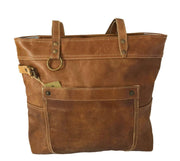 Brown leather shoulder tote bag with pockets and elegant design, perfect for office or weekend use.