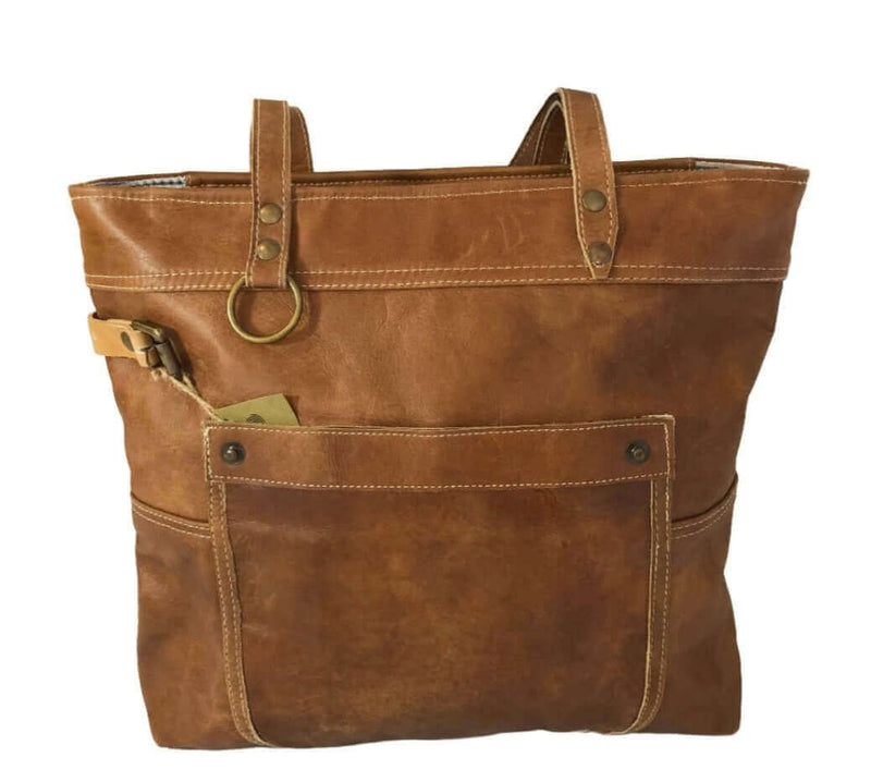 Brown leather shoulder tote bag with pockets and elegant design, perfect for office or weekend use.