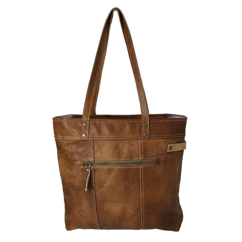 Brown leather shoulder tote bag showcasing elegant design and functional pockets, perfect for office or weekend use.