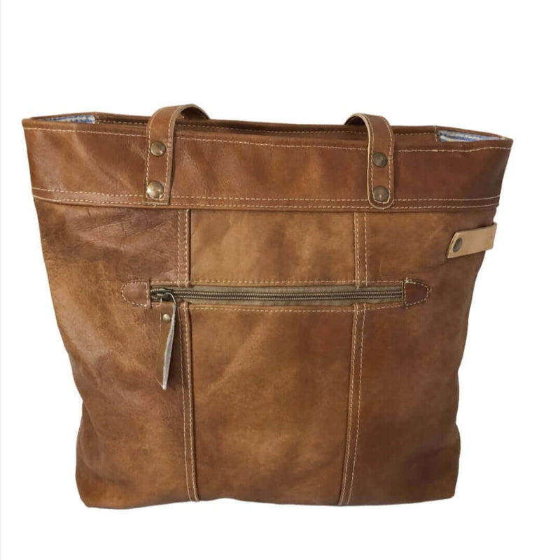 Brown leather shoulder tote bag with zipper pocket and stylish handles for functional elegance.