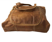 Brown leather shoulder tote bag with elegant design, perfect for office and weekend getaways.