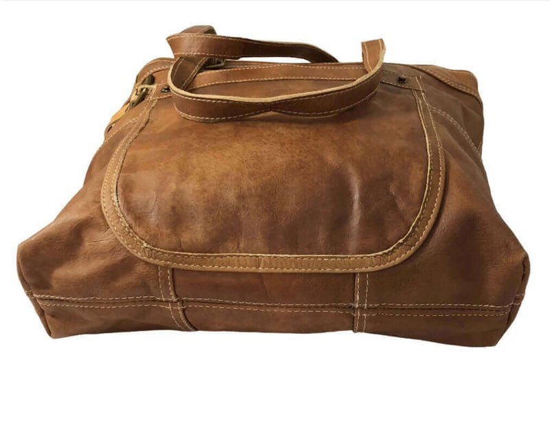 Brown leather shoulder tote bag with elegant design, perfect for office and weekend getaways.