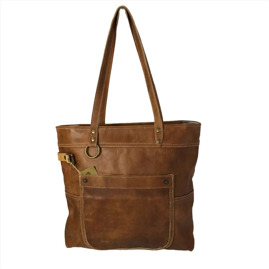 Brown All Leather Shoulder Tote Front Strap View