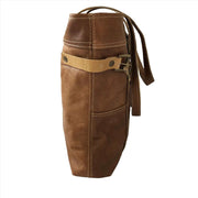 Brown leather shoulder tote bag with functional design and stylish straps, perfect for everyday use or travel.