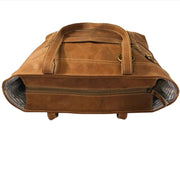 Brown leather shoulder tote bag showing its spacious interior and durable design.