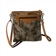 Canvas Leather Crossbody Bag -Dawn Crossbody Bag with upcycled camouflage design and leather accents.