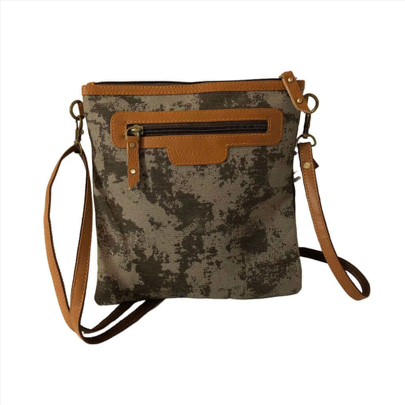 Canvas Leather Crossbody Bag -Dawn Crossbody Bag with upcycled camouflage design and leather accents.