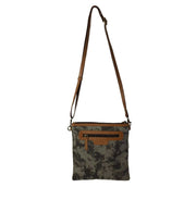 Canvas Leather Crossbody Bag - Dawn Crossbody Bag in camouflage pattern with leather accents and adjustable strap.