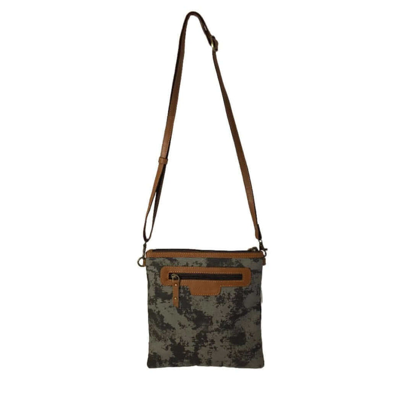 Canvas Leather Crossbody Bag - Dawn Crossbody Bag in camouflage pattern with leather accents and adjustable strap.