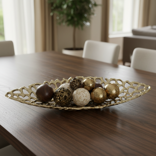 Decorative gold leaf-shaped tray on a walnut finish dining table with beige chairs