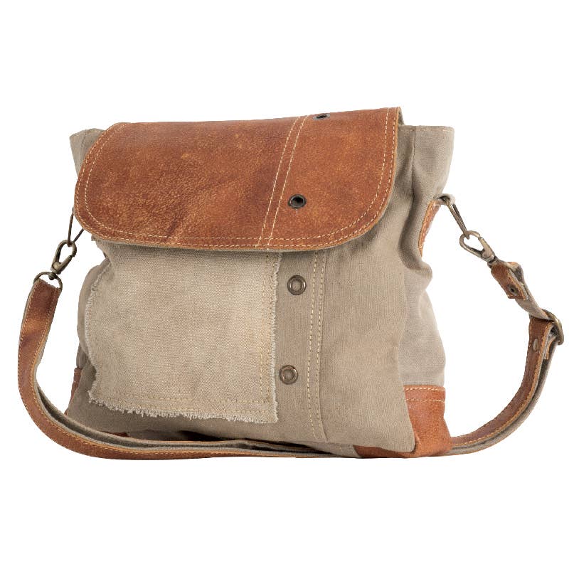 Eco-friendly khaki shoulder bag with tan leather flap, made from upcycled materials, perfect for everyday use.
