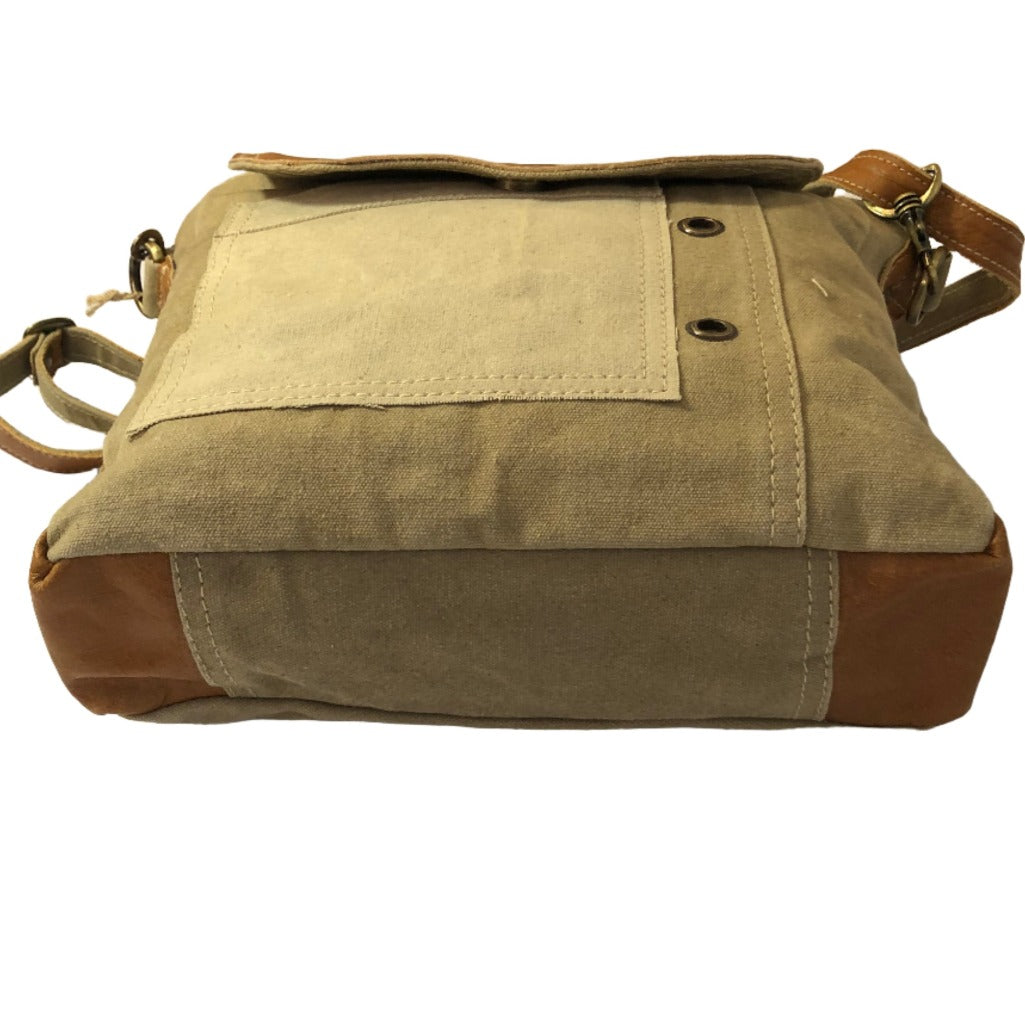 Khaki Shoulder Bag With Tan Leather Flap Bottom View