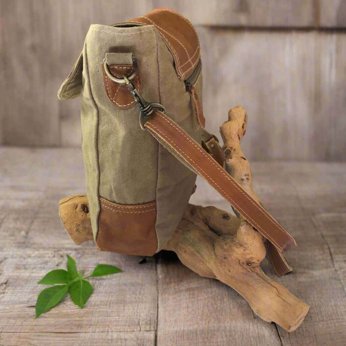 Khaki Shoulder Bag With Tan Leather Flap Canvas Shoulder Bag Clea Ray Canvas Bags