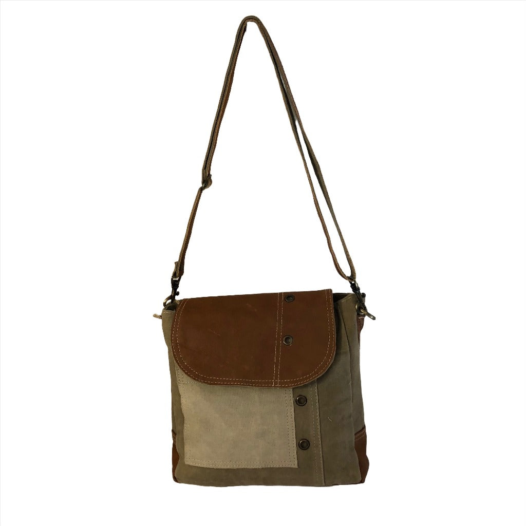 Khaki Shoulder Bag With Tan Leather Flap Strap View