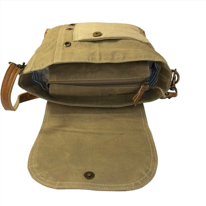 Khaki Shoulder Bag With Tan Leather Flap Top View