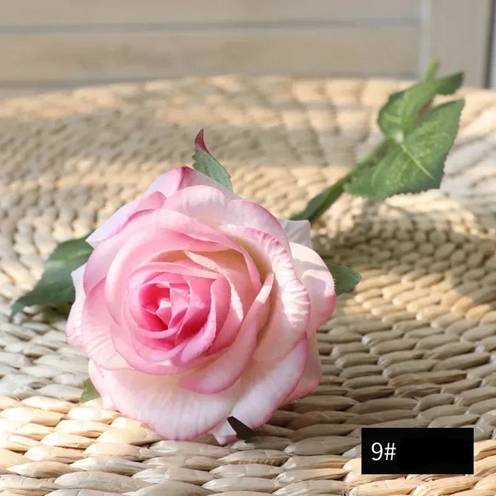 Latex real-touch artificial rose in full bloom with baby pink and white petals, perfect for home decor.
