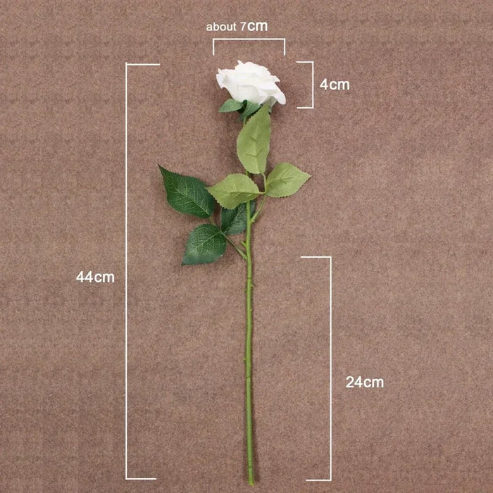 Latex real-touch artificial rose with detailed measurements and realistic design on a brown background.