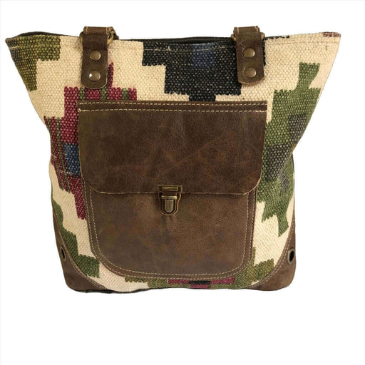 Multi Color Canvas Tote With Leather Front Pocket Front Zoom