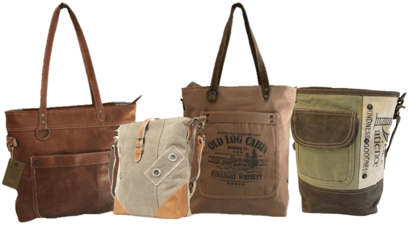 Four rustic canvas and leather shoulder, tote crossbody bags