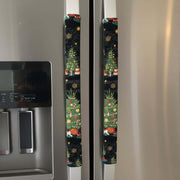 Fridge handle with a Christmas-themed cover featuring trees, stars, and Santa Claus.