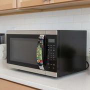 Decorative kitchen appliance handle cover with Christmas design on a black appliance.