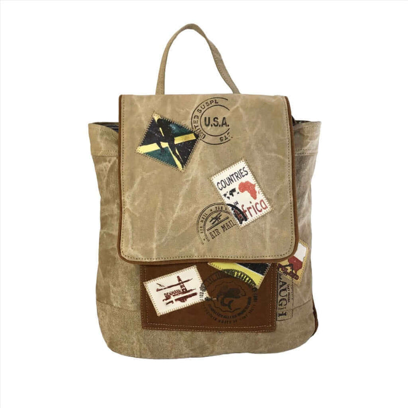 Eco-Friendly Canvas Backpack: Upcycled and Stylish made from military tents with travel patches.