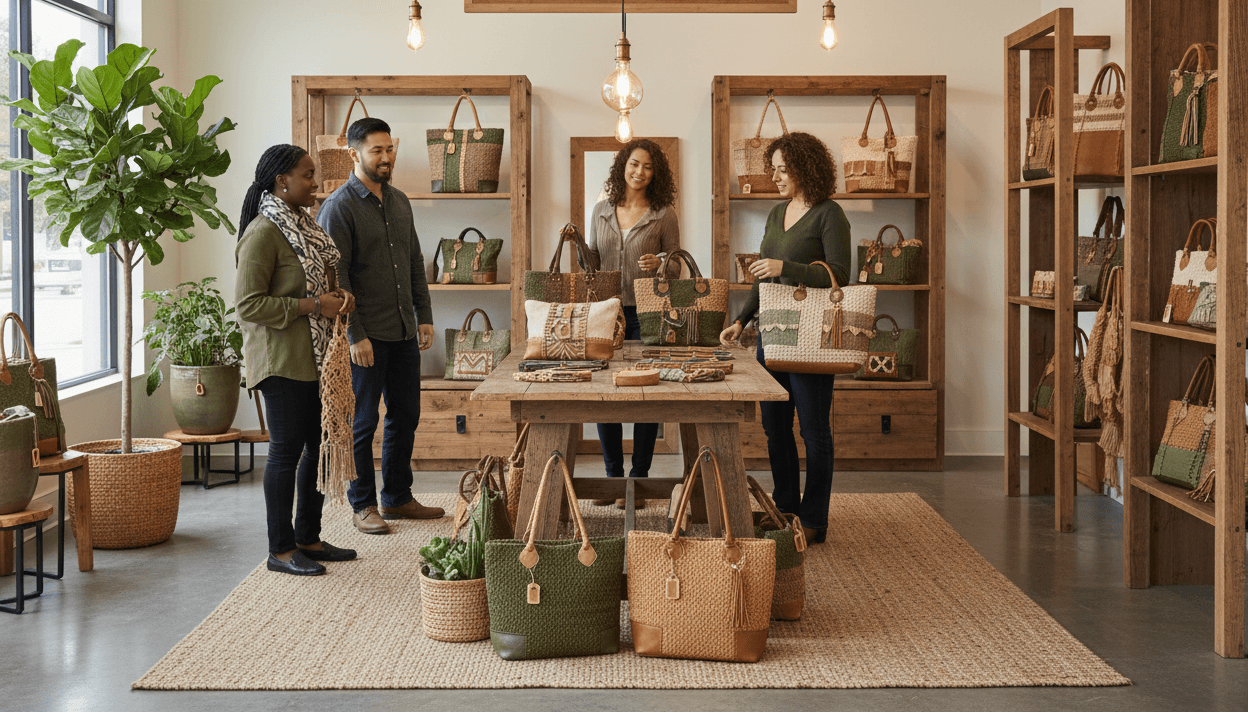 People are shopping at a bag store.