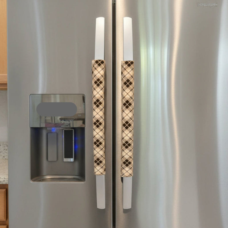Plaid-patterned handle covers on a refrigerator.