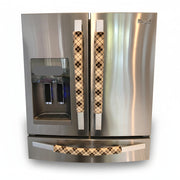 Stainless steel refrigerator with plaid handle covers