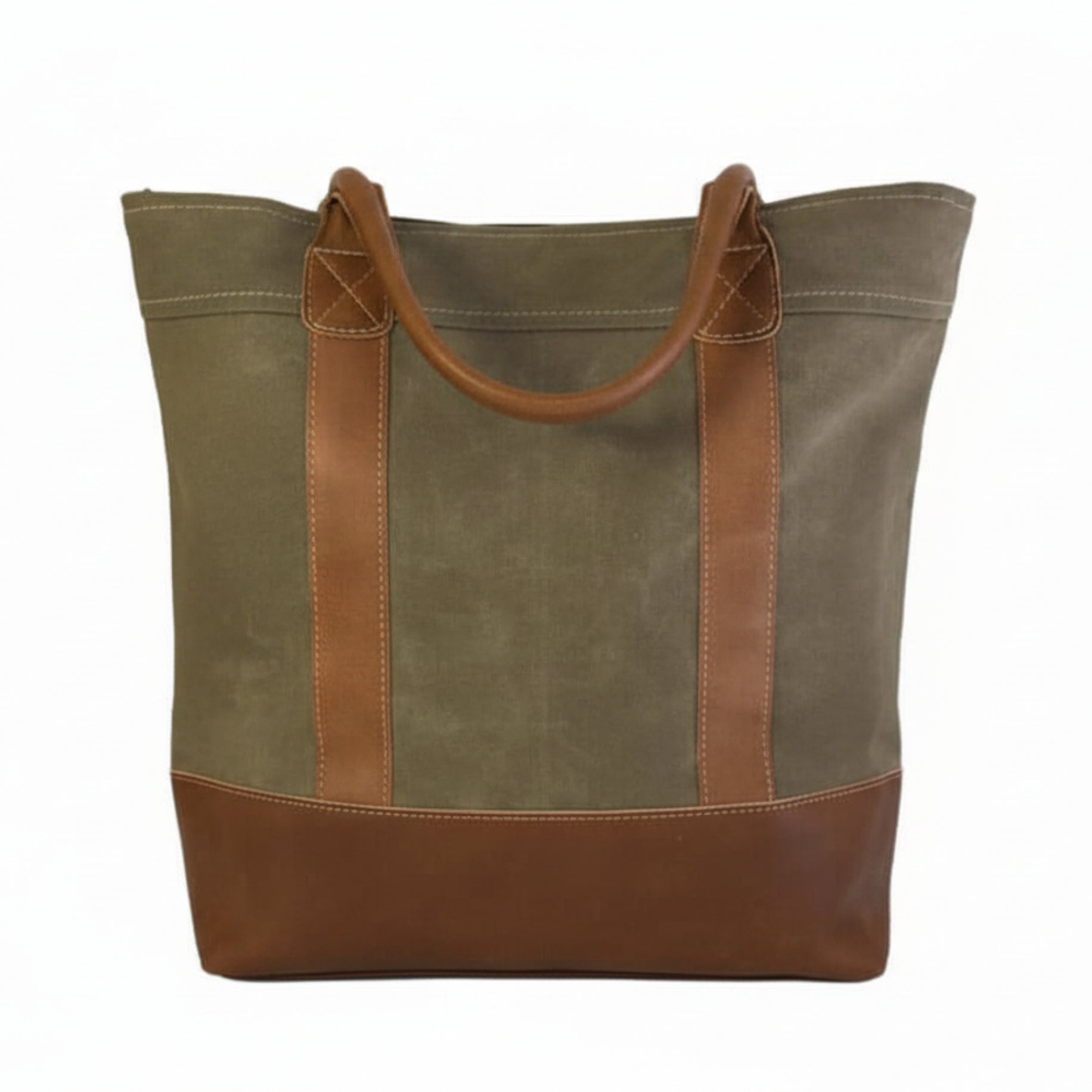 Canvas Tote Bag with Leather Trim | Spacious | Tan & Green