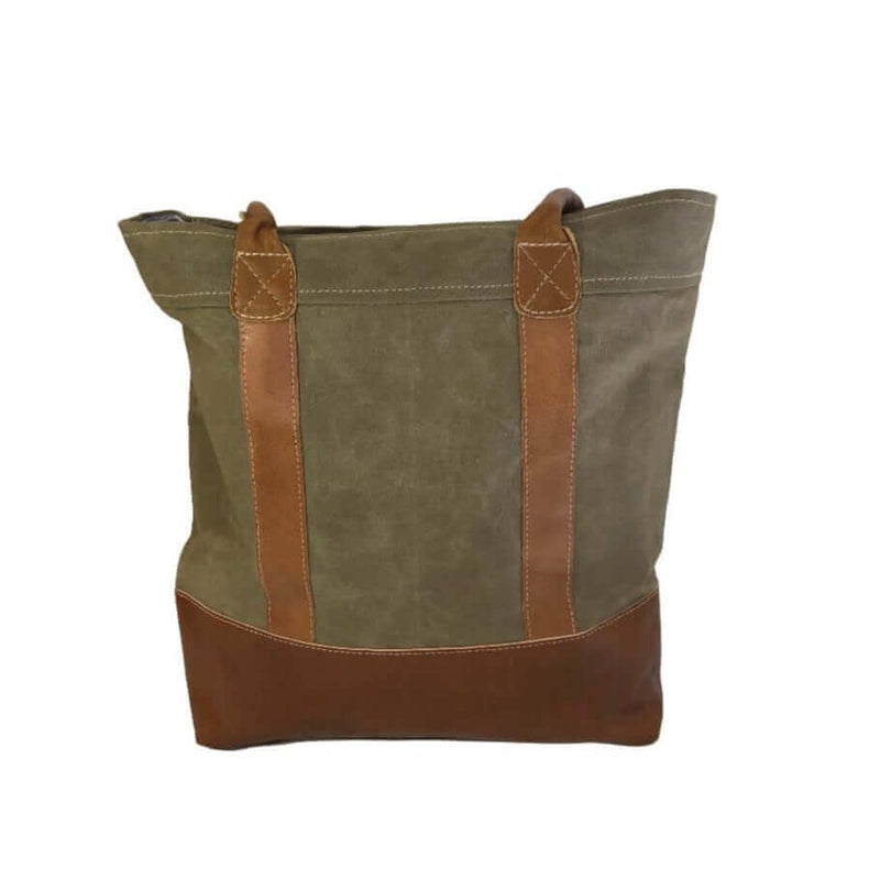 Canvas tote bag with leather trim showcasing sturdy canvas and genuine leather details.