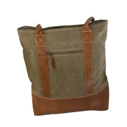 Canvas tote bag with leather trim, sturdy design, spacious interior, stylish and practical accessory.