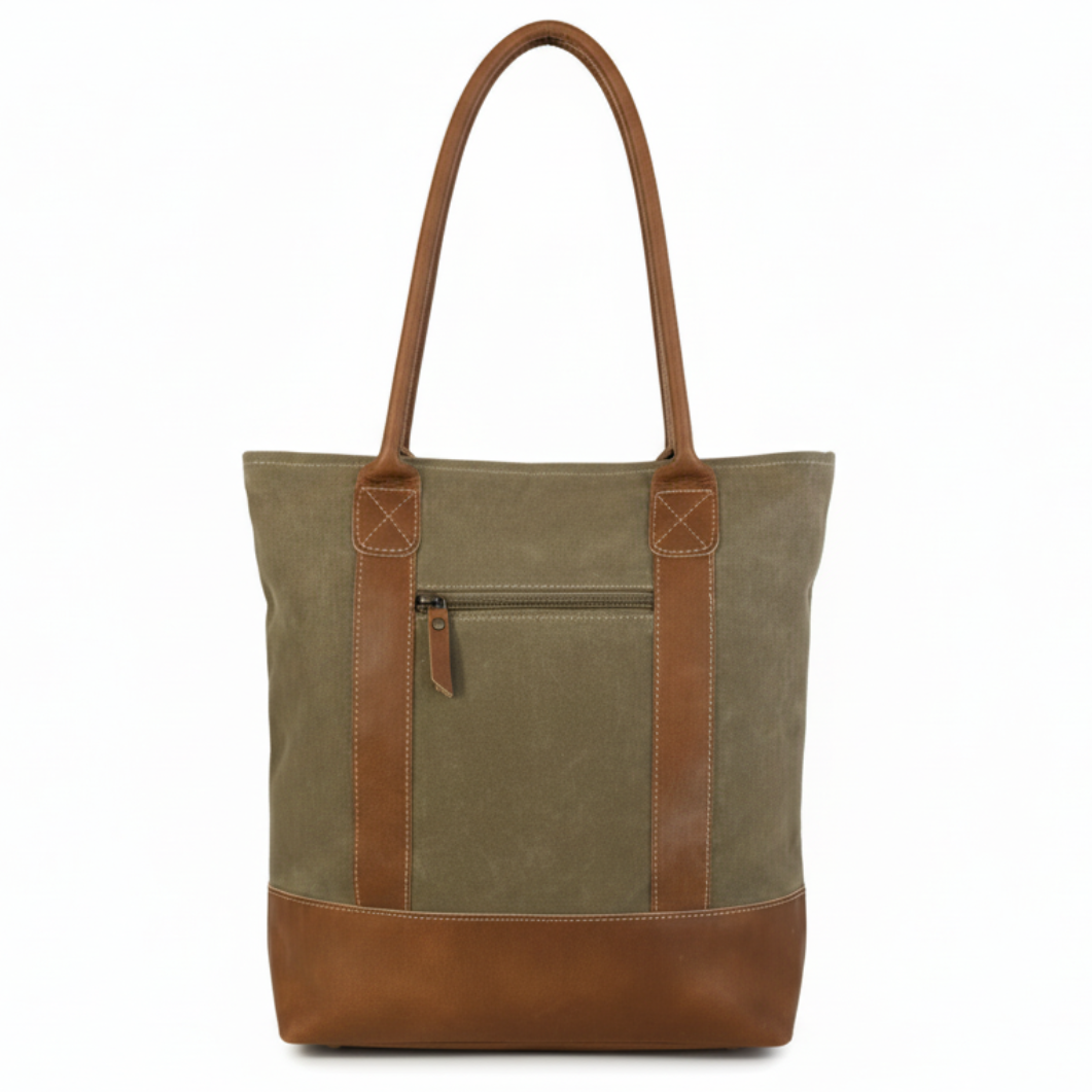 Canvas Tote Bag with Leather Trim | Spacious | Tan & Green