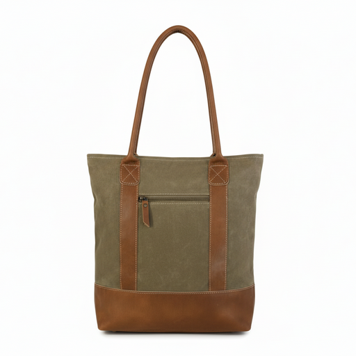 Canvas tote bag with leather trim in olive green and brown accents, perfect for stylish everyday use.