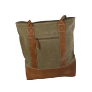Canvas tote bag with leather trim in olive green and brown accents, perfect for stylish everyday use.