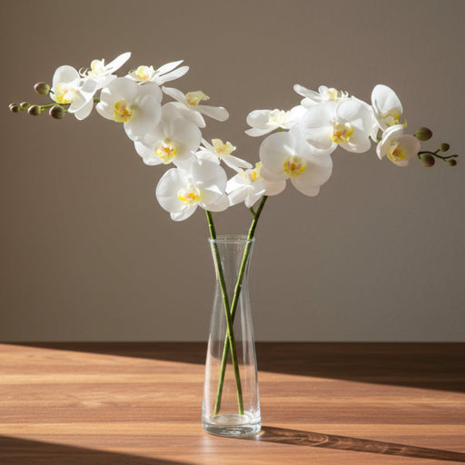 White artificial orchids in a clear vase  on a gray background