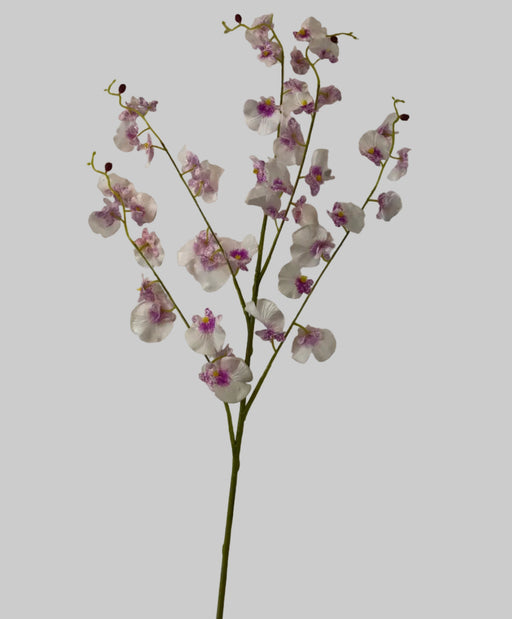 Artificial dancing lady Orchid flower branch on a white surface